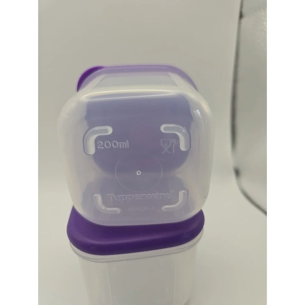2 Tupperware Clear Mates Sheer Square 6 oz. 4040A with Purple Lid 3978A‎